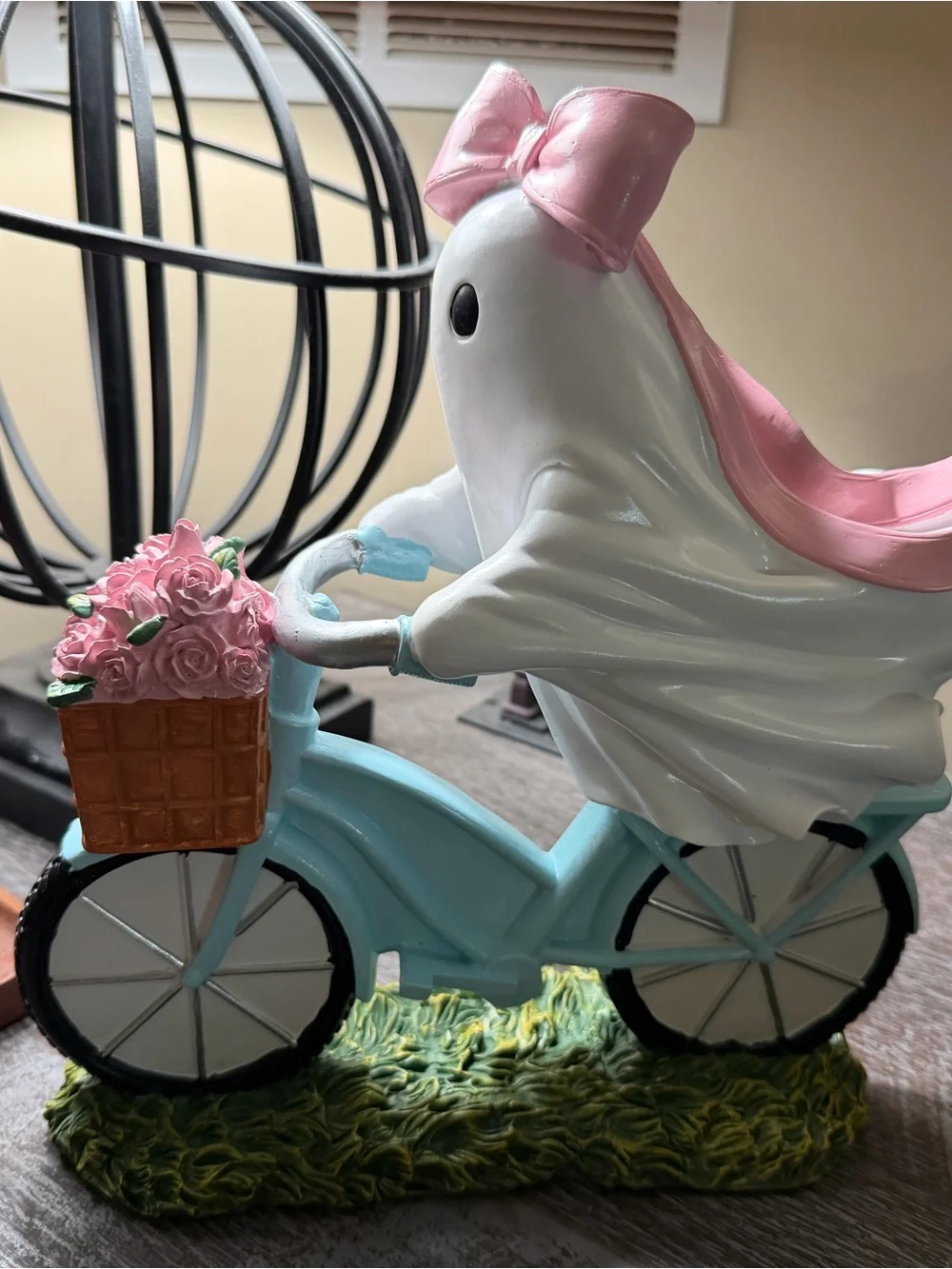 Whimsical Ghost on Bicycle Figurine - Pink & Light Blue Home Party Decor